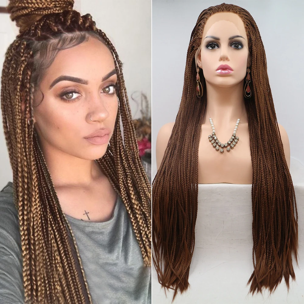 

Brown Braided Wigs for Black Women 26 inch Synthetic 13x4 Lace Front Wig Cornrow Braids Lace Frontal Wig with Babyhair Box Braid