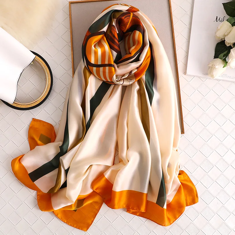 

2021 Summer Beach Hijab Women stripe Silk Scarf Luxury print 180X90CM Shawls and Wraps Female Foulard Echarpe Designer Bandana