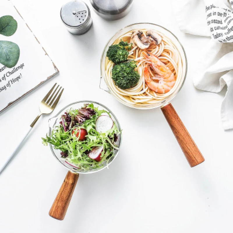 Стеклянная молочная кастрюля с деревянной ручкой 400 мл/600 мл для приготовления