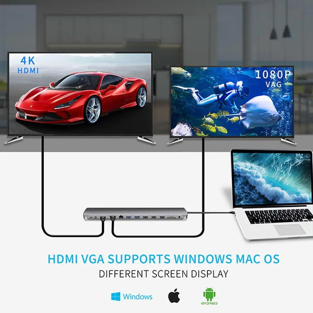 - Thunderbolt 3,   MacBook, Samsung Dex, S8/S9, Huawei P20 Pro, USB C,  C-HDMI, USB3.0, RJ45