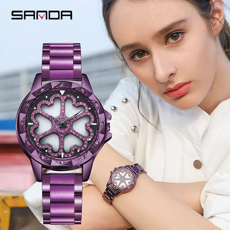 SANDA Draai Dial Horloge Vrouwen Роскошные Кристальные дамские часы 30 м водостойкие Япония 2035