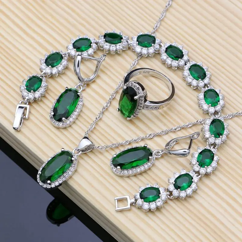 

Sexy Women 925 Sterling Silver Sets Gem Emerald White Topaz Decoration Bridal Jewelry Bracelet Necklace Earrings Ring Sets