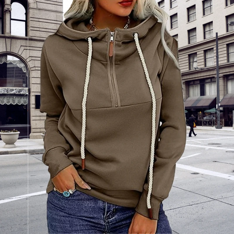 

Women Casual Zipper Drawstring Hooded Sweatshirt Elegant Turtleneck Autumn Pullover Tops Winter Long Sleeve Solid Loose Hoodies