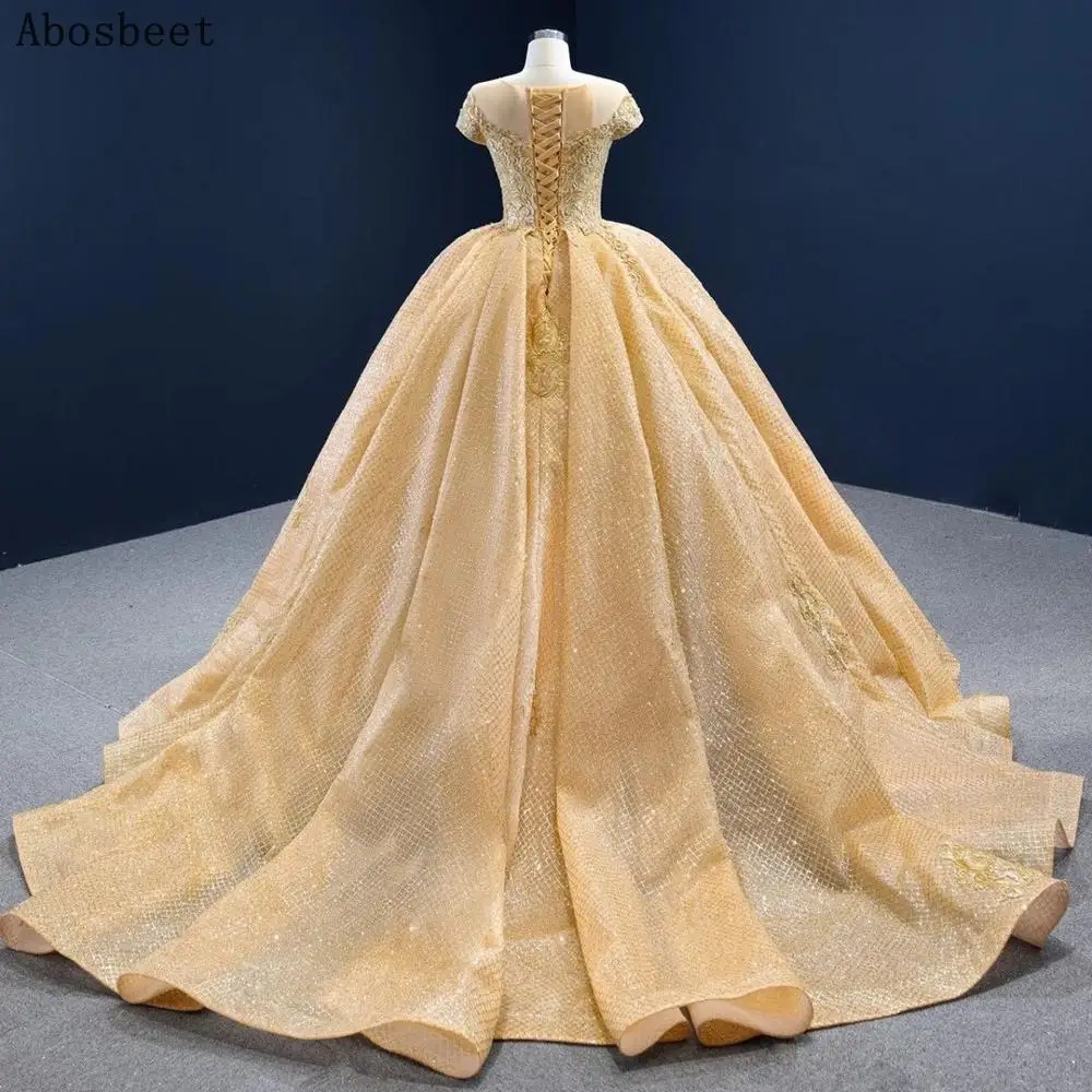 Grid Lace Champagne Ball Gown Evening Dress Short Sleeve Luxury Long Prom Party Women Wear Small Train Lace Up Back