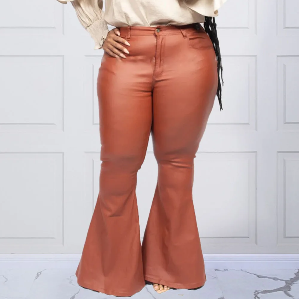 

Faux Leather Women Pants High Waist Chic Chocolate Flare Long Trousers 2021 New Fashion African Style Pu Female Pants Skinny