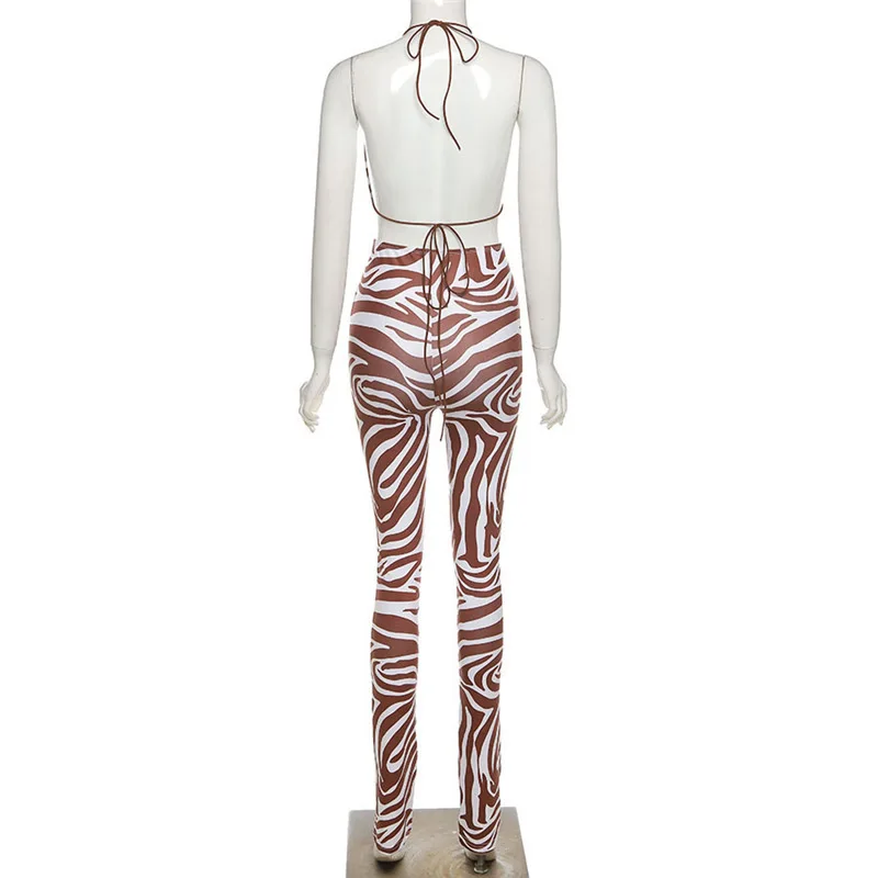 

BOOFEENAA Sexy Brown Zebra Stripe High Waist Pant Suits Halter Top 2 Piece Sets Womens Club Festival Vacation Outfits C87-CB20