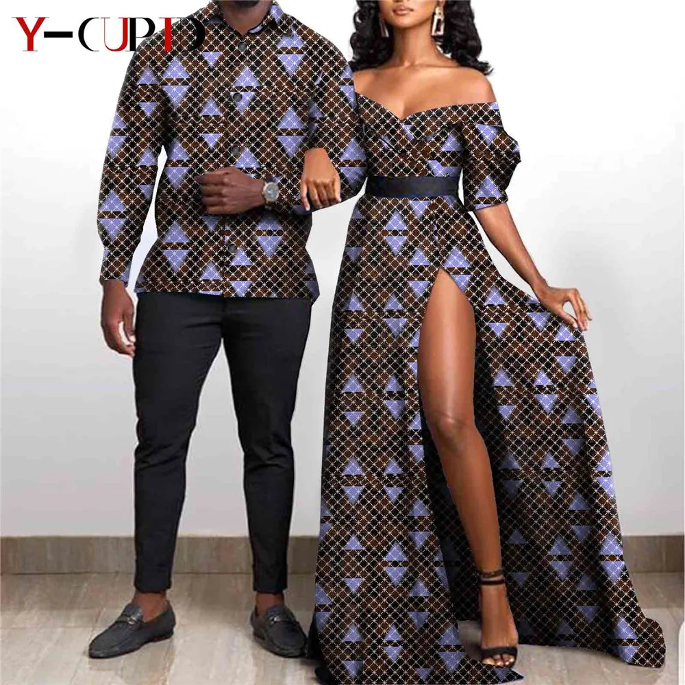 african couple outfits African Clothes for Couples Sexy Women Ankara Print Maxi Long Dresses Match Men Outfit Party Shirts Top and Pants Sets Y21C001 african gowns