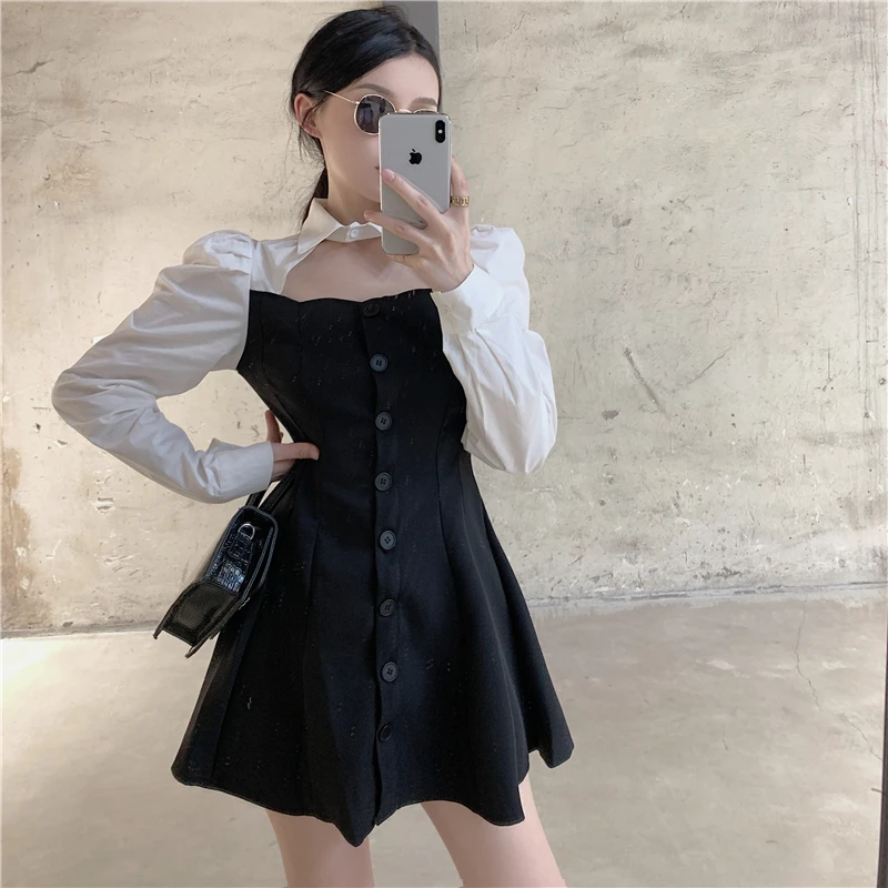 Женское повседневное мини-платье с длинным рукавом Белое и черное платье