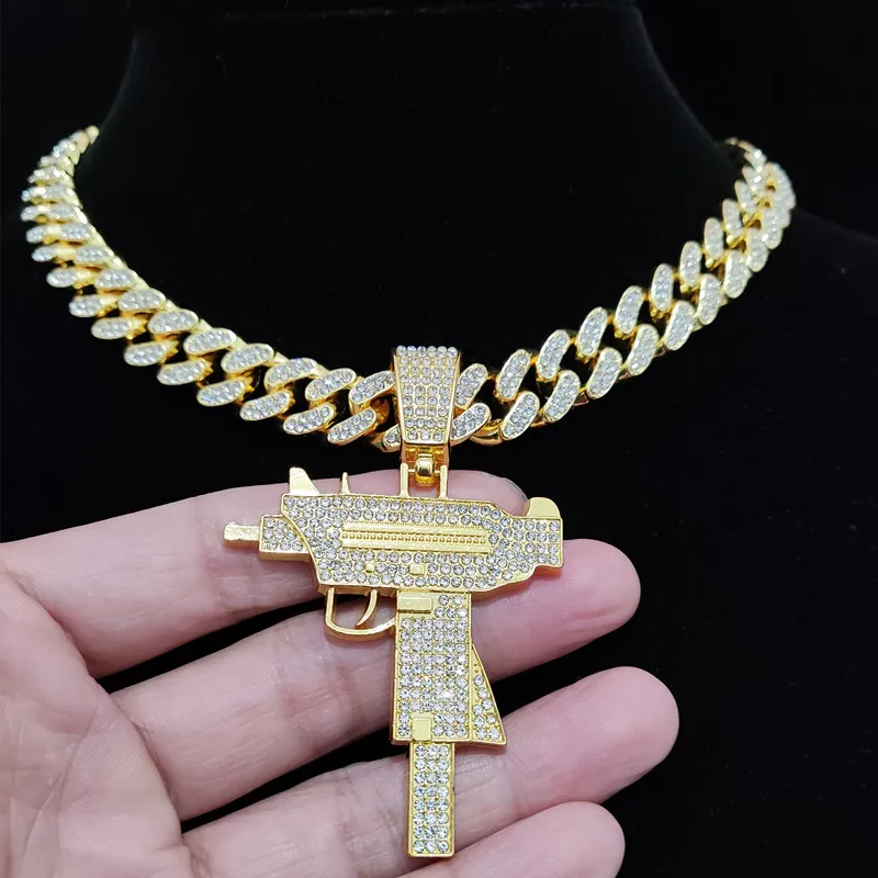 Мужчины Женщины хип-хоп Iced Out Bling УЗИ пистолет кулон ожерелье с 13 мм Майами