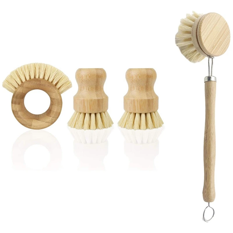 

3-Piece Bamboo Tableware Brush Cleaning Brush & 1x Wooden Handle Bamboo Bowl Brush, Long Handle Dish Washer