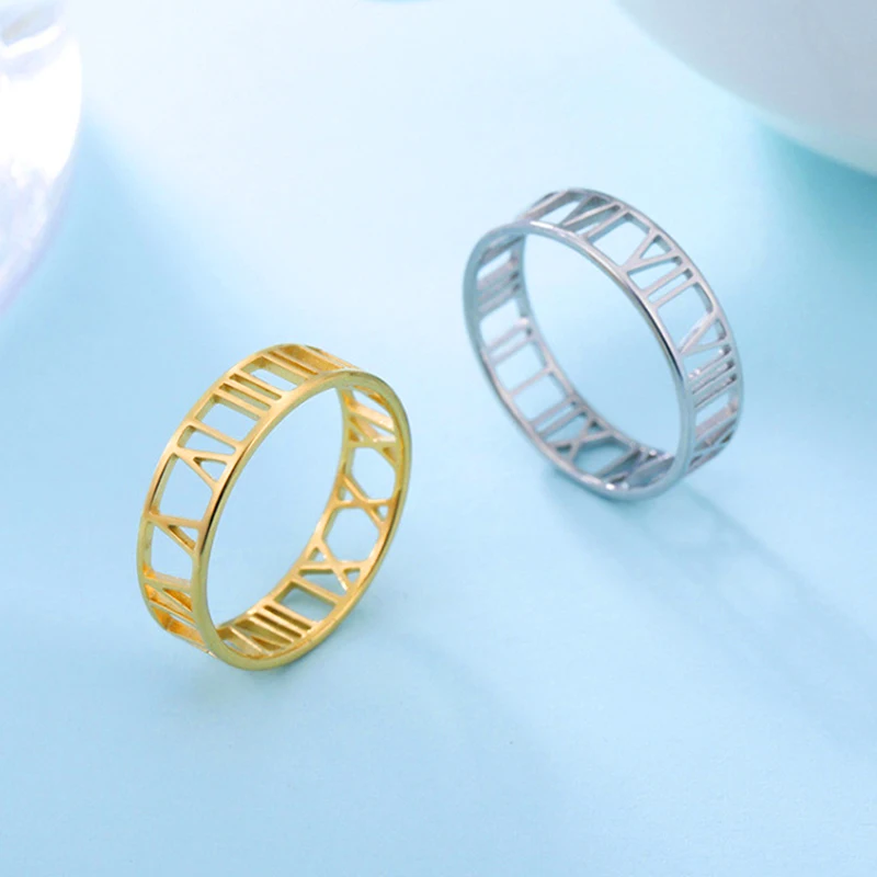 

Vintage Stainless Steel Gold Hollow Roman Numerals Ring for Women Men Classic Couple Rings Gothic Jewelry Anniversary Best Gifts