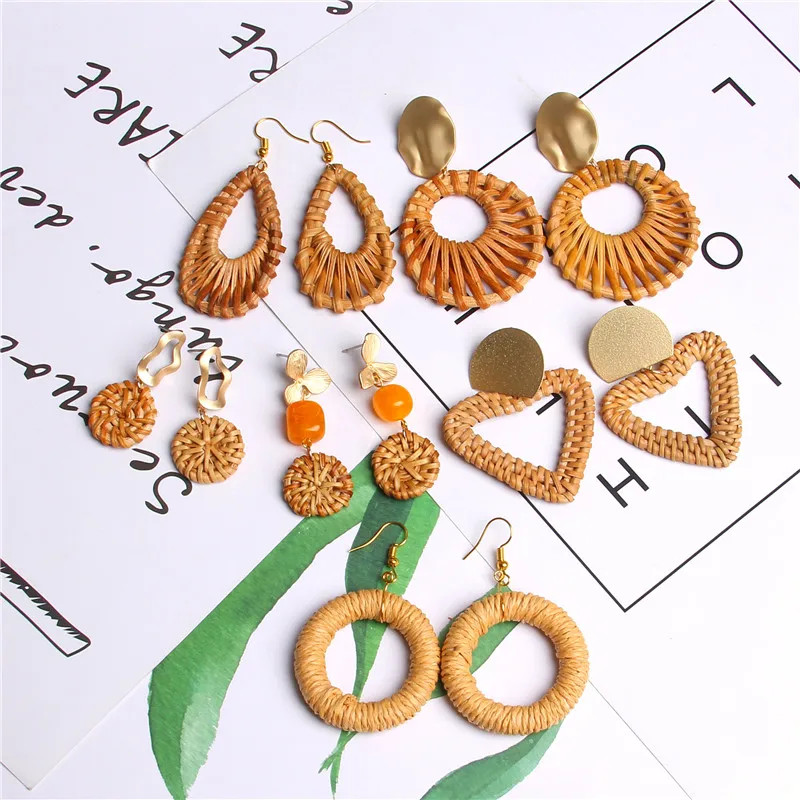 Серьги люстры из ротанга геометрической формы в стиле бохо для женщин и девочек