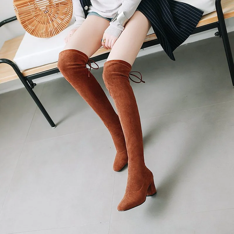 

2021 New Autumn Winter Over The Knee Boots Women Faux Suede Stretch Thigh Boots Fashion Cross Tied Square High Heel Lady Shoes