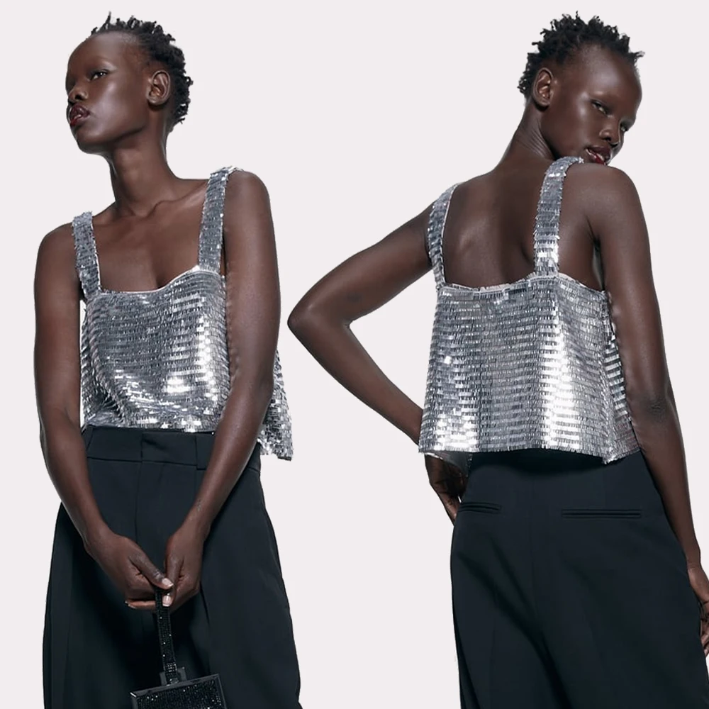 Женская рубашка с блестками ZA короткий топ на бретельках низким воротником без