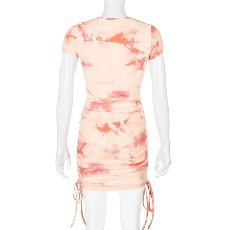 

HIGAREDA Tie Dye Print Orange Casual Mini Dress Women Ruched Drawstring Short Dresses Ladies Short Sleeve Bodycon Dress Summer