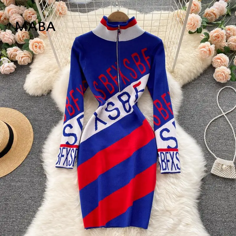 

Женское трикотажное мини-платье на молнии, повседневное облегающее платье-карандаш популярного цвета с воротником-стойкой, длинным рукаво...