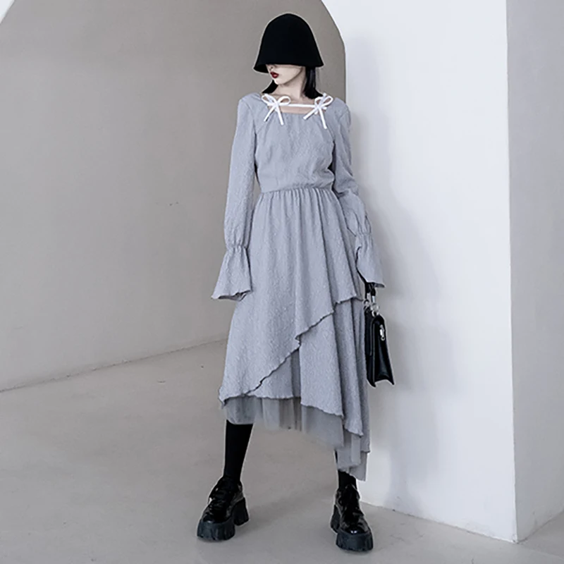 

SHENGPALAE Hepburn Chiffon Dress Women's Spring 2021 New Square Collor Lace Up Flare Sleeve Square Long Sleeve Maxi Dresses 5B57