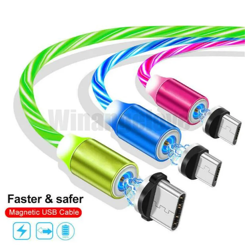

100pcs/lot Flow Luminous Light Magnetic USB Cable For iPhone XR X 7 8 Micro Type C Charger Fast Charging Magnet Charge USB-C