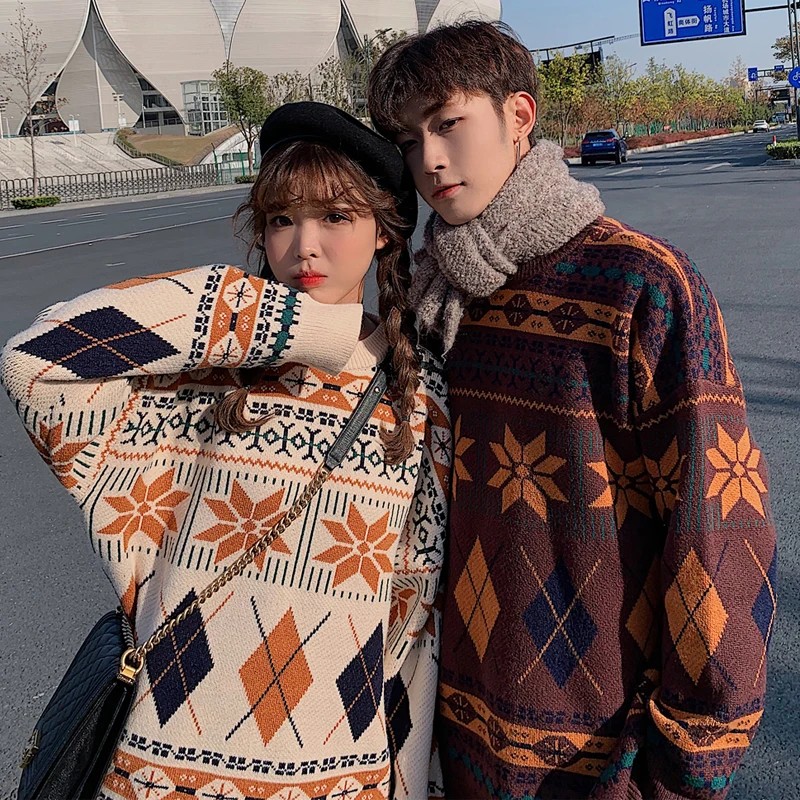 

2020 Vintage Thicken Geometric Pattern Women Sweaters Autumn Winter Pullovers Jumpers Female Korean Knitted Sweater couple
