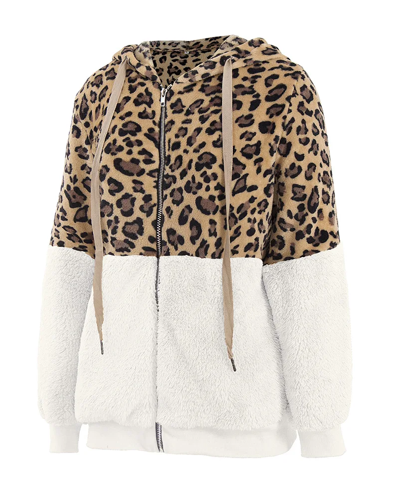 

Autumn Winter Women Leopard Patchwork Teddy Coat Hooded Zipper Fluffy Plush Faux Fur Jacket Coat Women Plus Size Overcoat