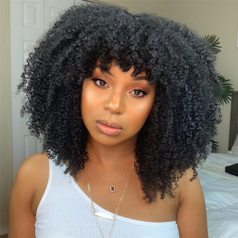 

Afro Kinky Curly Bob Wigs With Bangs Glueless Short Full Machine Made Wigs For Black Women Cheap Remy Jerry Curly No Lace Wig