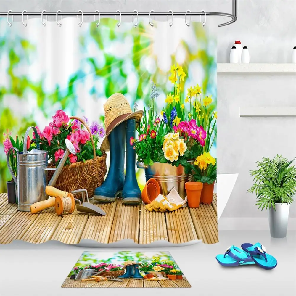 

Штора для душа из полиэстера, занавеска на пол в ванную комнату, с принтом в виде натуральных растений, инструменты для садоводства, весенни...
