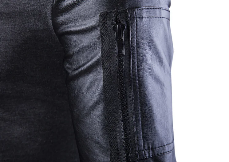 

Spring Jacket Male England Style PU Leather Patchwork Zippers Jacket New Stand Collar Men Jackets Short Coats Grey Black