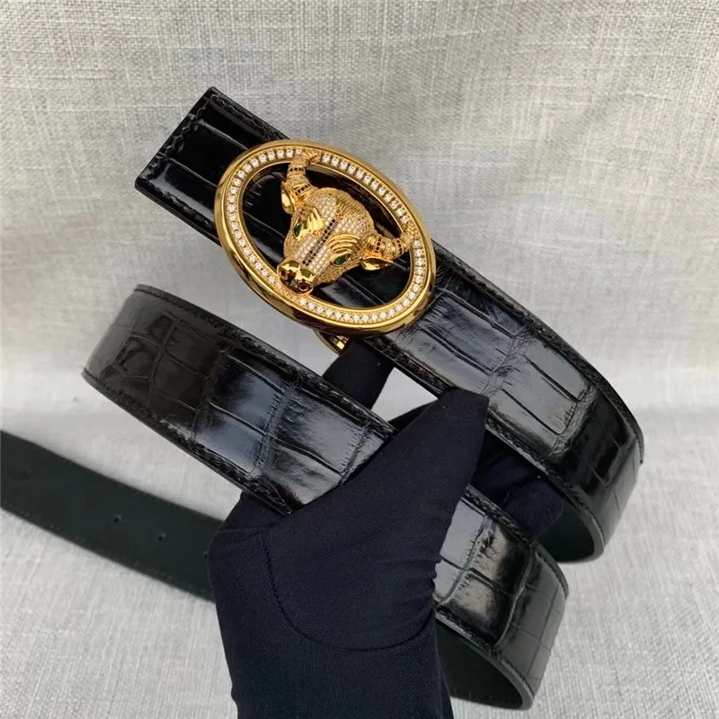 

Authentic Exotic True Crocodile Belly Skin Male Fancy Waist Strap Genuine Alligator Leather Cow Head Steel Buckle Belt For Men