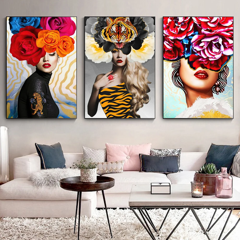 

Fashion Model Girl Holding Flowers Creative Print Poster Home Art Canvas Painting Decoration Nordic Style Living Room Decor
