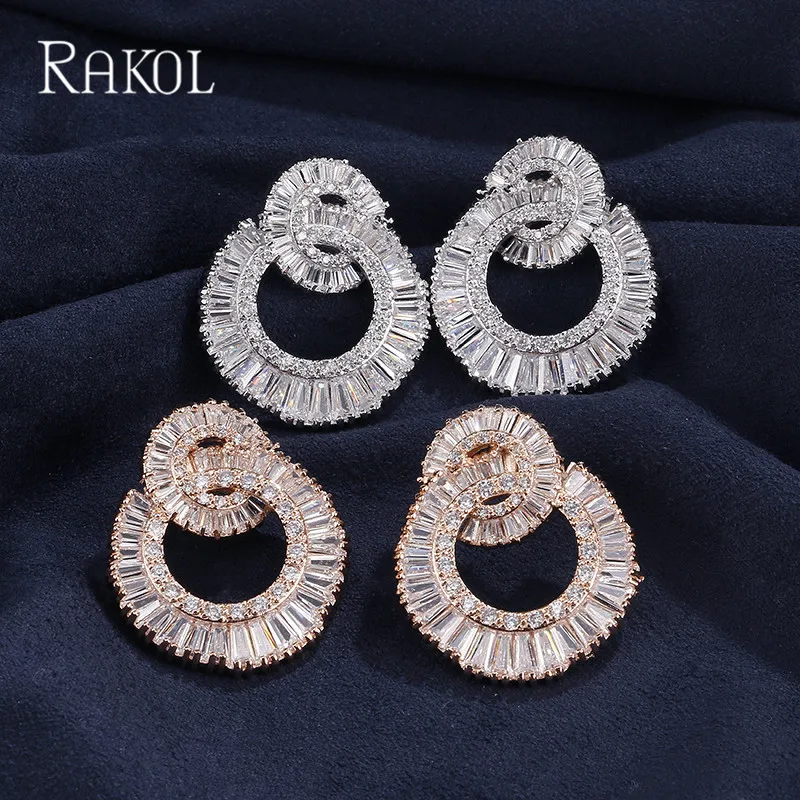 RAKOL блестящий двойной круг круглые серьги с цирконием кубической огранки для