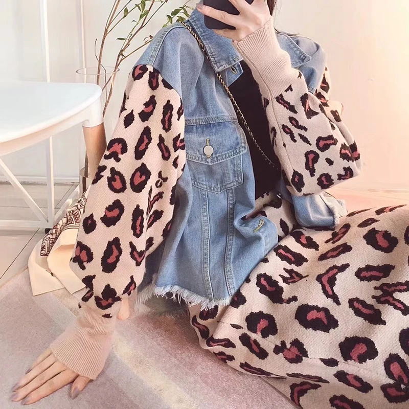 TWOTWINSTYLE Леопардовый вязаный комплект из двух предметов для женщин джинсовый