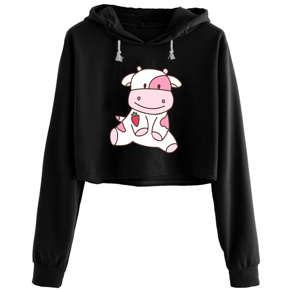 

Strawberry Cow Crop Hoodies Women Anime Emo Aesthetic Kpop Pullover For Girls