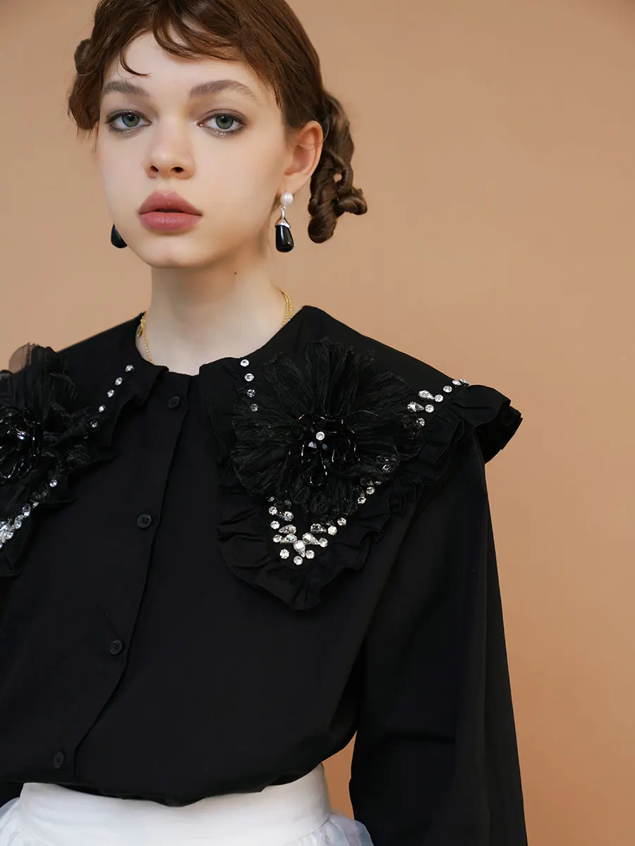 2022 Весенняя женская рубашка с воротником Питер Пэн Стразы цветочное украшение |