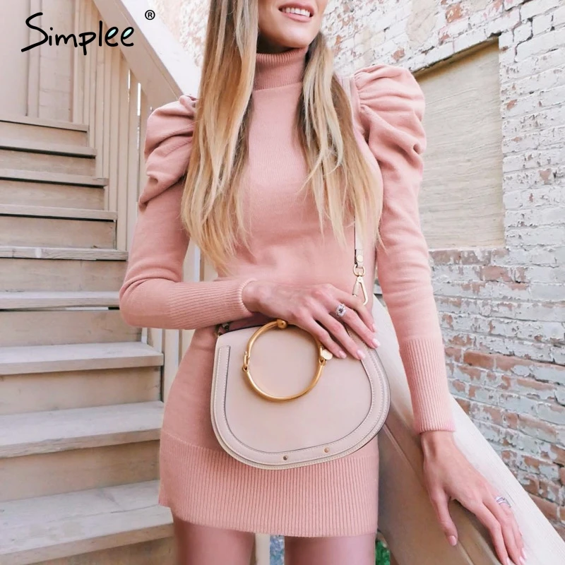 Simplee облегающее зимнее трикотажное женское платье плечо розовое тоника свитер