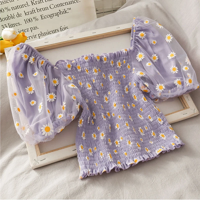 

Tops Women Sweet Daisy Floral Print Puff Sleeve Mesh Patchwork Blouses Tops Korean Chic Kawaii Summer Short Shirts Blouse