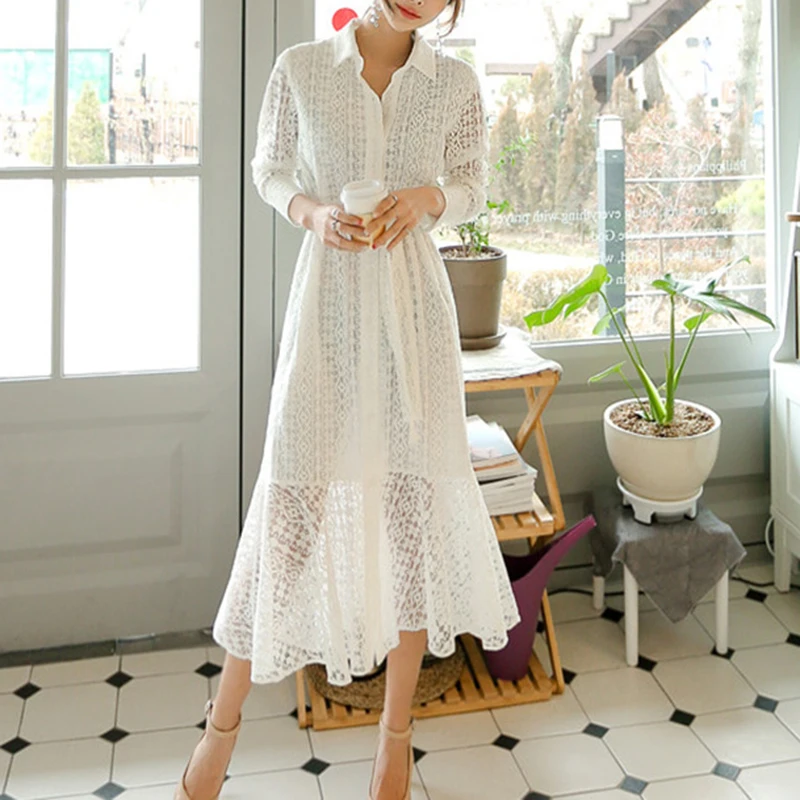 Женское кружевное платье рубашка белое вечернее с длинным рукавом отложным