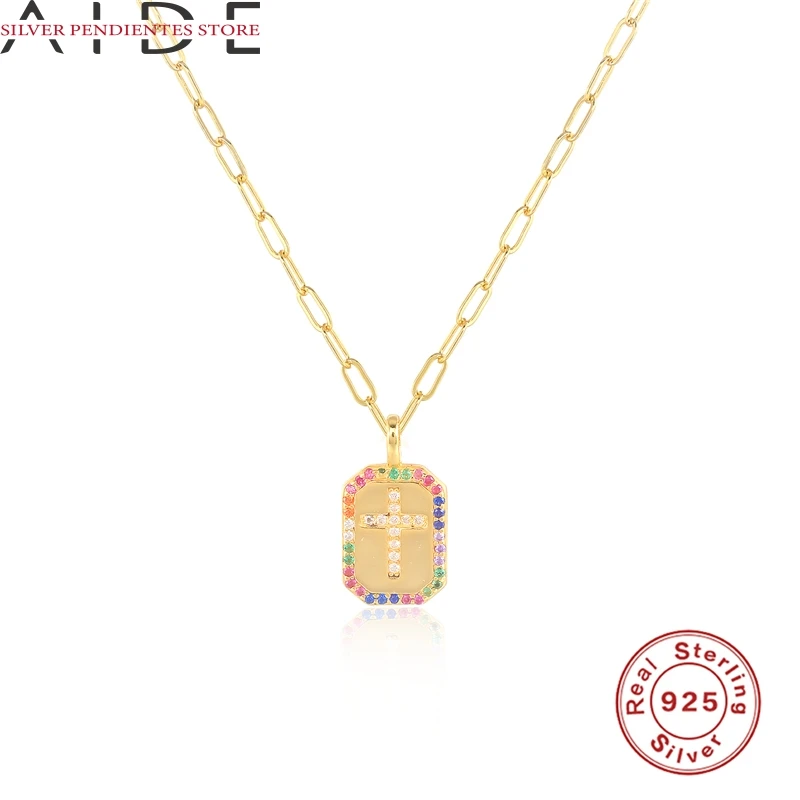 

AIDE S925 Sterling Silver Colored Diamond Necklace For Women Hip Hop Collares INS Cross Clavicle Necklace Bijoux Femme