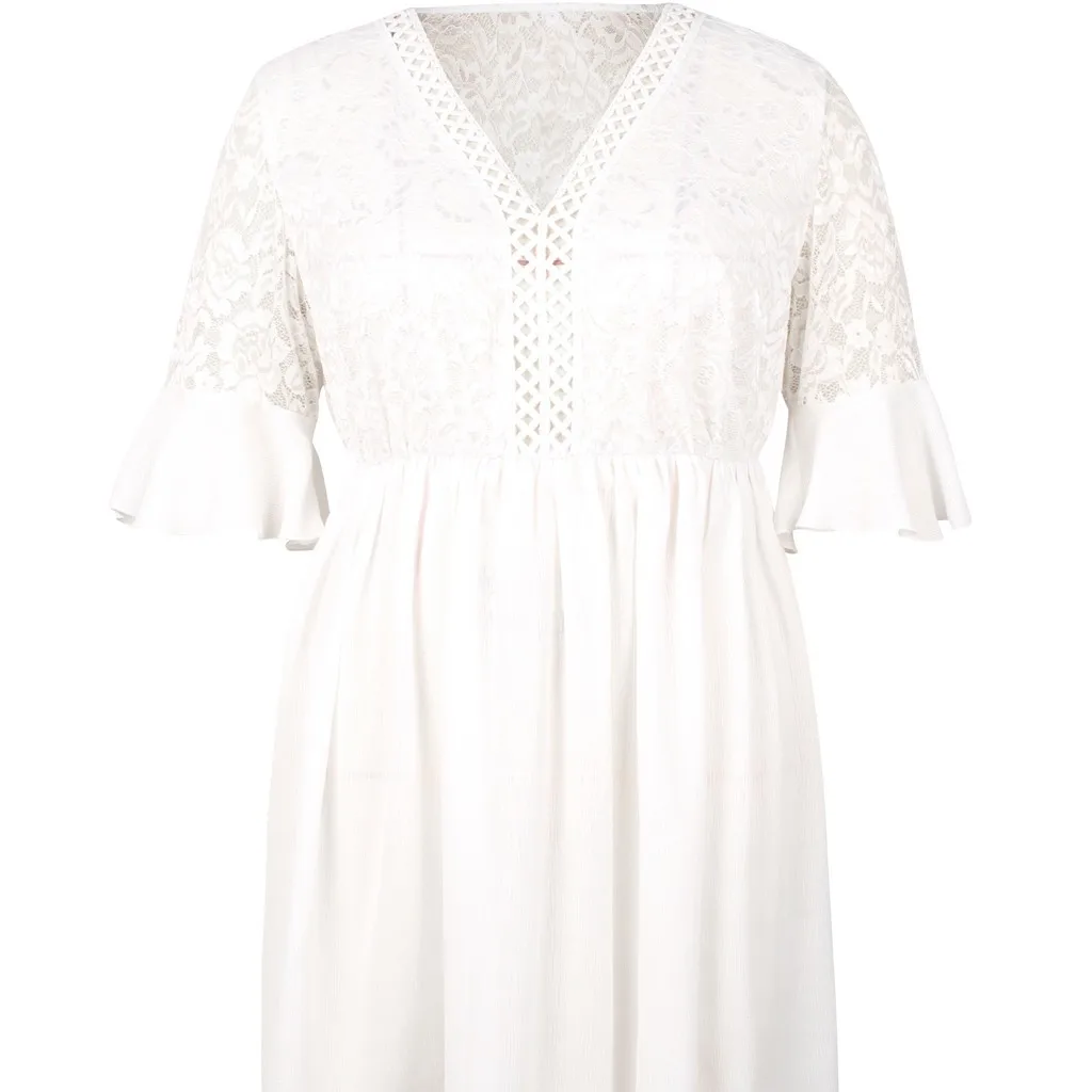 Womens Hollow Dresses Plus Size V-neck Solid White Lace Stitching Summer Pure Color Flare Sleeve Female Mini Dress | Женская одежда