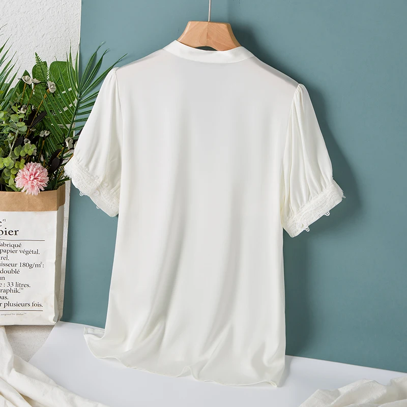 

100% Silk Women's Shirt Sexy V Neck Short Sleeves Embroidery Pockets Elegant Office Camisa Tops