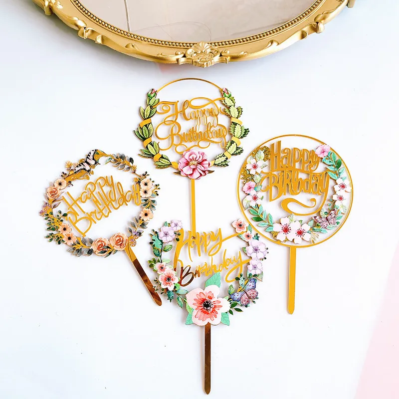 

Color Printing Flower Happy Birthday Butterfly Cake Topper Baby Shower Kids Party Favors Candy Bar Cake Decoration