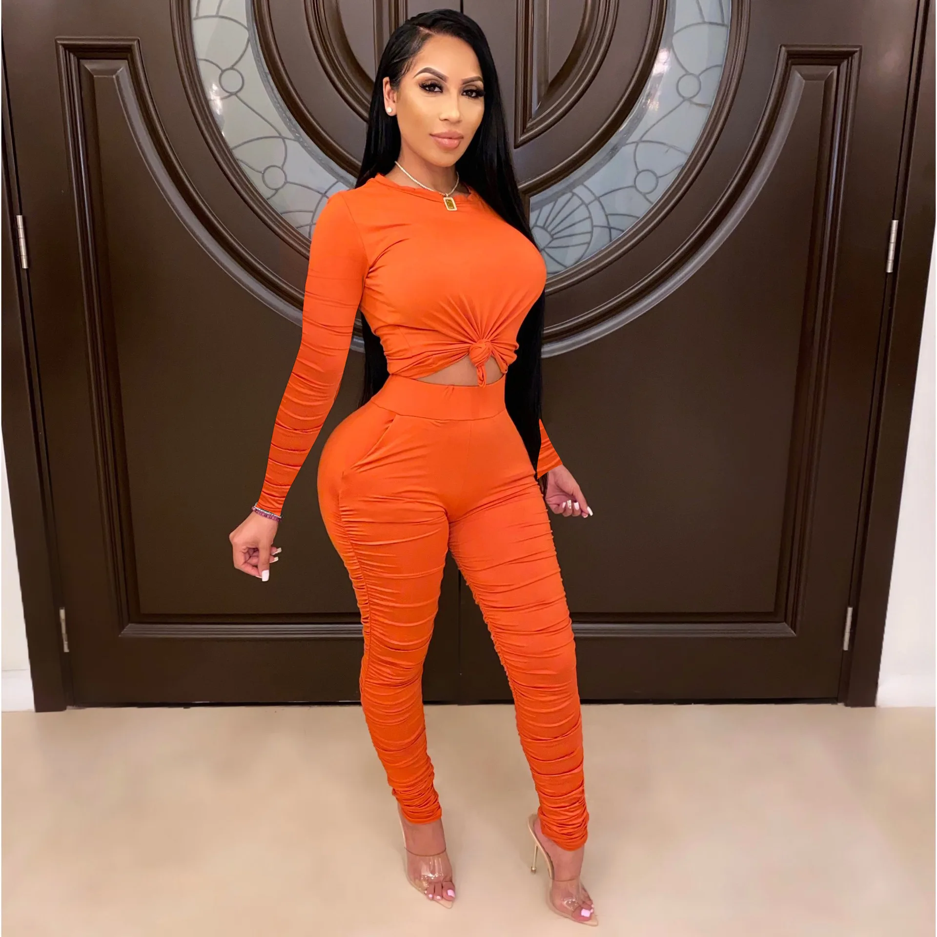 

Women 2 Piece Set Casual Plus Size Tracksuit Long Sleeve O Neck Crop Top High Waist Leggings Solid Workout Clothes Lounge Wear