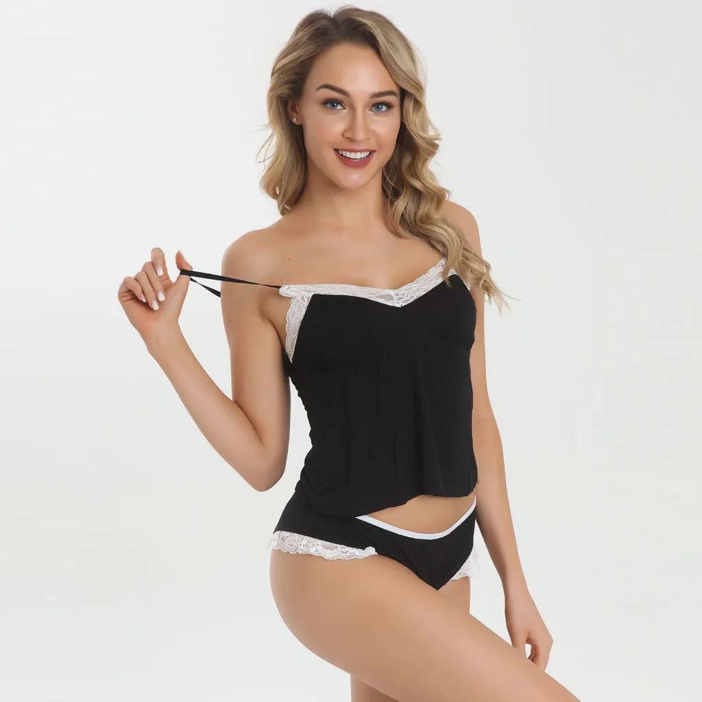 

New Fashion Sexy Underwear Spaghetti Strap Lace panties Set Pajamas Sleepwear Black Red Babydoll Lingerie sexy hot erotic