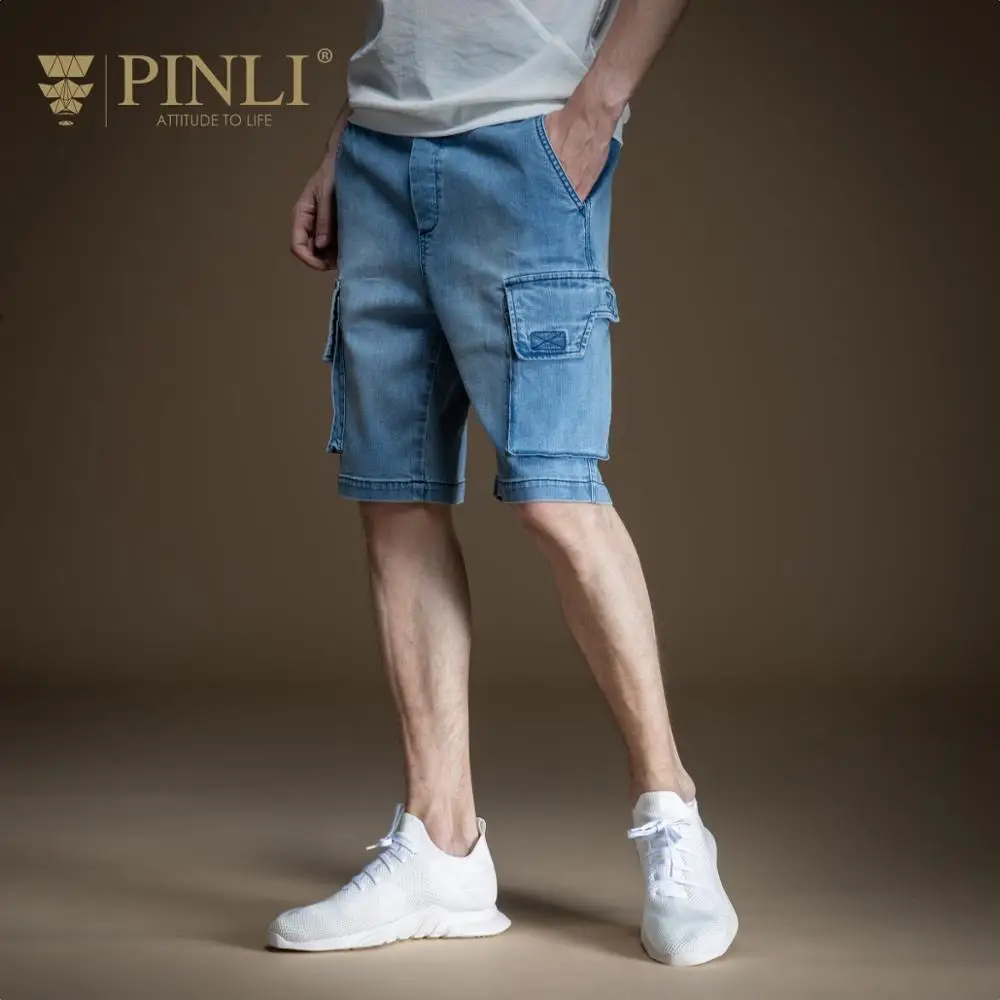 

Pinli 2020 Summer New Slim Cotton Elastic Waist Big Pocket Light Casual Men Denim Shorts Solid Cargo Pants Hot B202216283