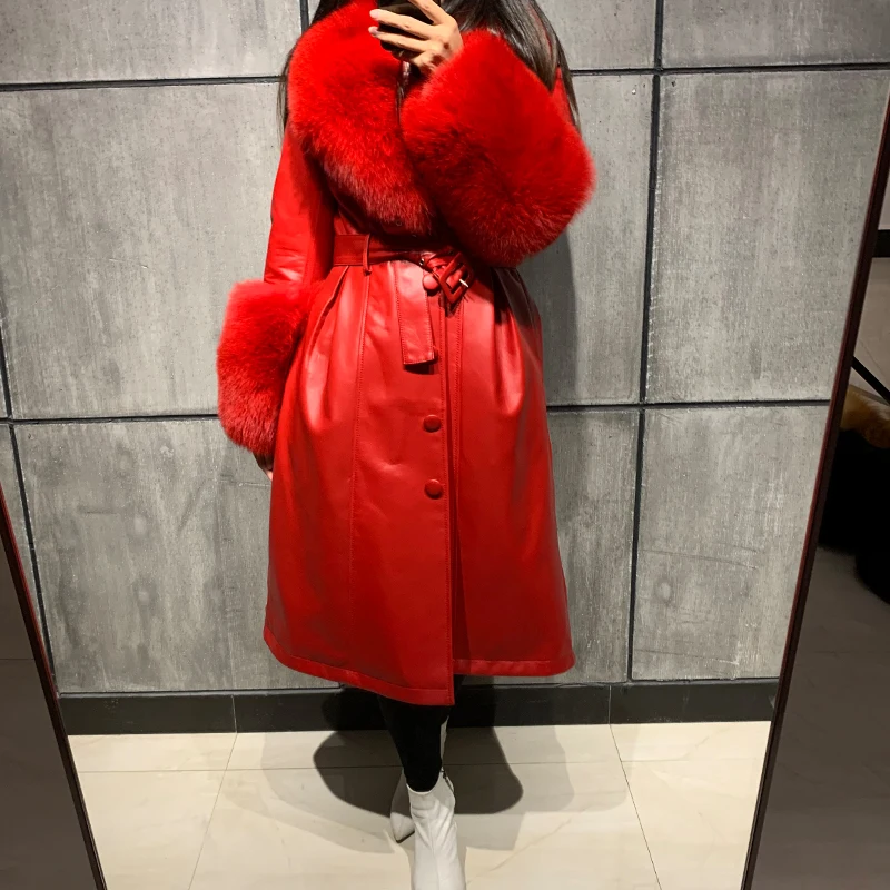 ladies leaher coat long women genuine leather windbreak