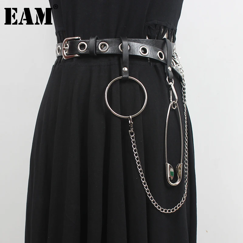 

[EAM] Pu Leather Black Split Joint Metal Chain Belt Personality Women New Fashion Tide All-match Spring Autumn 2023 1DD7972