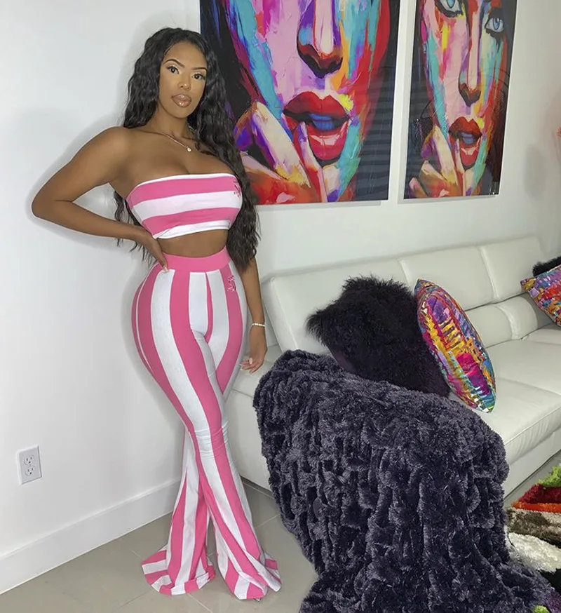 Полосатый Принт без бретелек сексуальные расклешенные брюки комплект из двух