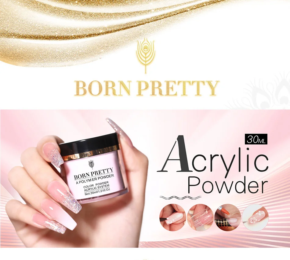 BORN PRETTY 30 мл акриловый порошок Резьба ногтей полимерный наконечник расширение французский розовый, белый, прозрачный самоклеющиеся стразы порошок для ногтей