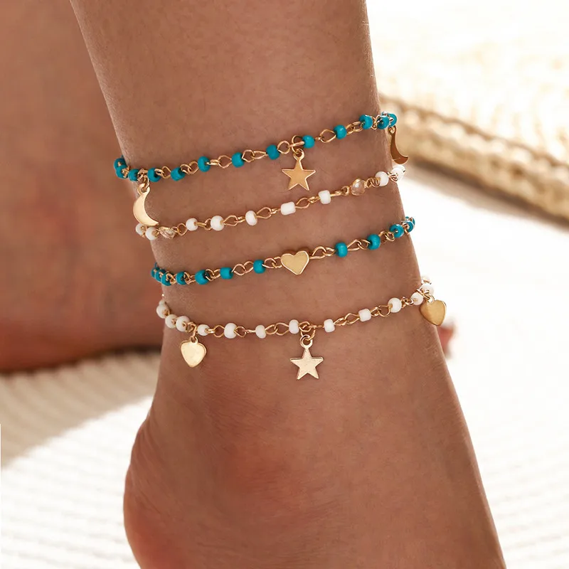 4 шт./компл. модные браслеты на ногу с подвесками в виде сердца и звезд из бисера