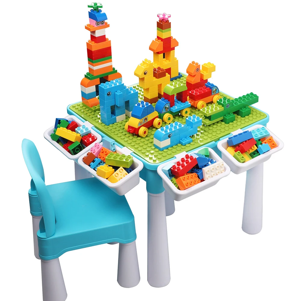 

Kids Multi Activity Table stacking block 128 pcs Large Building Educational Study Desk Learning Bricks Toys For Children