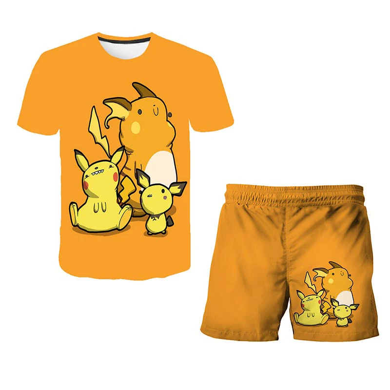 

New Anime Game Pikachu Cartoon Print Children's T-shirt Boy Sportswear Girl Boy Sportswear Clothing Tops Pants Clothing Set